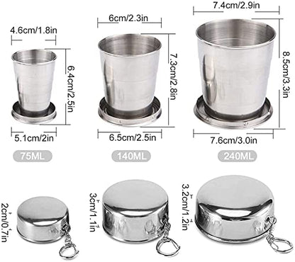 Guyuyii 3 Pcs Stainless Steel Collapsible Cups for Traveling with Keychains | Collapsible Cup with Lid for Outdoor Activities, Camping, Travel | Compatible with Water, Mouthwash, Espresso, Silver