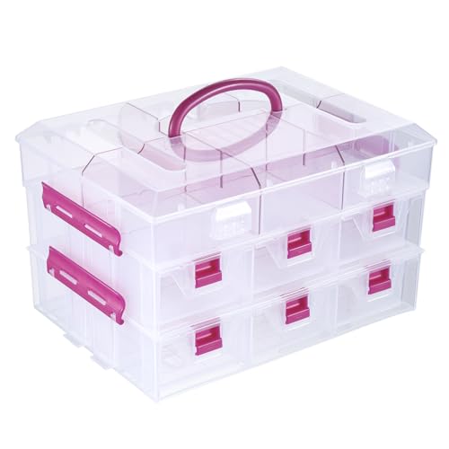MyGift 11 Inch Clear Arts and Crafts Stackable Container, Sewing Supplies Storage Organizer Case with Pink Accents, 24 Customizable Compartments, and 6 Drawers with Removable Dividers - color: Pink
