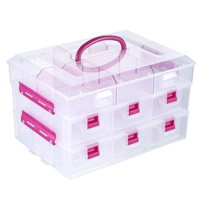 MyGift 11 Inch Clear Arts and Crafts Stackable Container, Sewing Supplies Storage Organizer Case with Pink Accents, 24 Customizable Compartments, and 6 Drawers with Removable Dividers - color: Pink