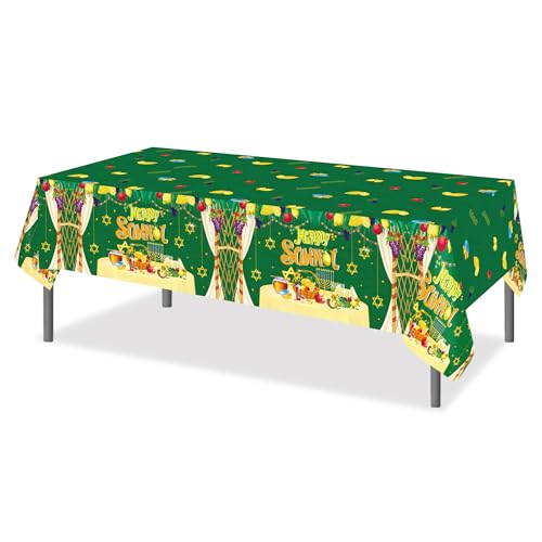 1Pc Happy Sukkot Party Plastic Tablecloth 54 x 87 Inch Long Table Cover, Jewish Fiesta Party Tablecover for Sukkah Let's Rejoice Kids Baby Shower Birthday Dinner Picnic Kitchen Event - color: Happy Sukkot