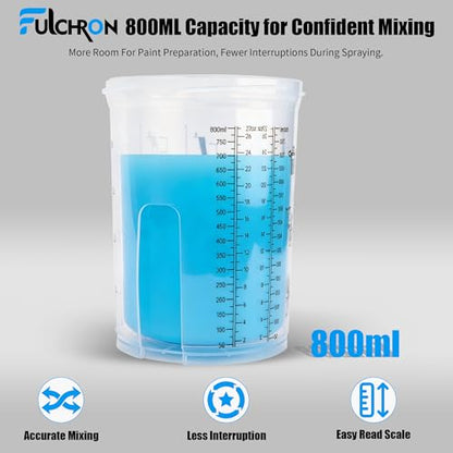 Disposable Paint Cups For Spray Gun, 27oz 125-Micron Mixing Cup With Lids | Fulchron 50PCS Paint Cup Liners with Lids, 2 Hard Cups & Adapters, Ideal for HVLP/LVLP Spray Gun 360° Spray & Less Cleanup - size: 27 ounce