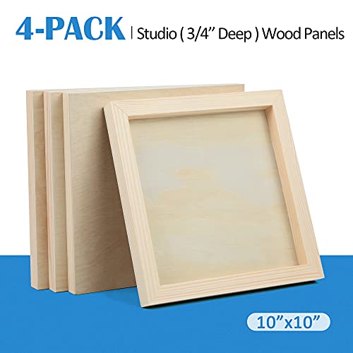 4 Pack 10x10’’ Unfinished Birch Wood Panels Kit for Painting | Studio 3/4’’ Deep Wooden Canvas, Cradle Boards for Acrylic Pouring, Art, Crafts, Epoxy Resin, Laser Engraving Cutting - size: 10'' x 10'' Studio
