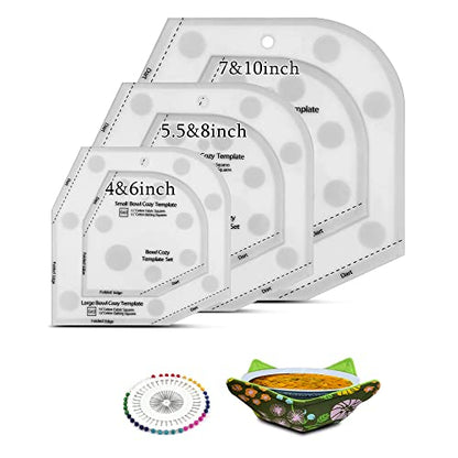 Bowl Cozy Template 3 Sizes, Bowl Cozy Pattern Template Cutting Ruler Set,Sewing Pattern and 40 Cool Pins, User Manual Included