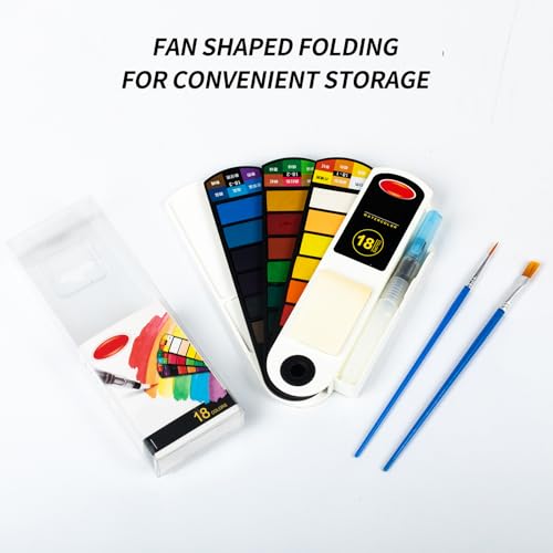 Collapsible Watercolor Paint Set with 18 colors with refillable water brush pens, 2 brushes and palettes, washable Watercolor paint set for students, adults and painting enthusiasts