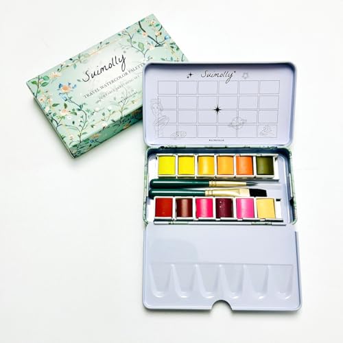 Watercolor Paint Set, 12 Colors Half Pans with Brush, Travel Portable Metal Tin Palette for Adults and Artists (Pastel Colors) - color: Pastel Colors