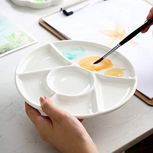 Set of 2 Ceramic Artist Paint Pallet,Tray,Palette,Easy to Clean Porcelain Mixing Tray for Watercolor Gouache Painting,White, 8 inch,Round, (LS007)