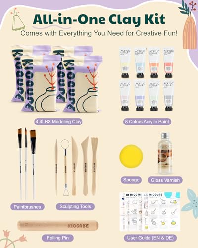 Kiocure Air Dry Clay for Adults, Pottery Tool Kit, DIY Kits for Adults with Air Dry Clay Paint & Varnish, Pottery for Beginners at Home