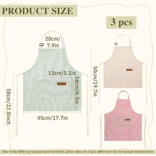 3 Pack Stripes Kids Apron, Adjustable Kids Cooking Aprons with 2 Pockets, Cute Chef Baking Aprons for Boys and Girls - color: Pink + Green + Khaki, size: 45x50cm