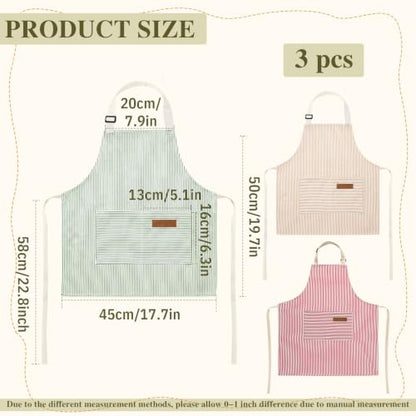 3 Pack Stripes Kids Apron, Adjustable Kids Cooking Aprons with 2 Pockets, Cute Chef Baking Aprons for Boys and Girls - color: Pink + Green + Khaki, size: 45x50cm