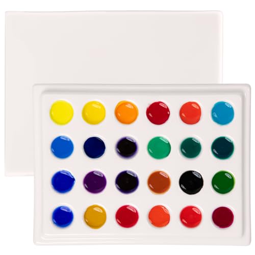 MEEDEN 24-Well Ceramic Watercolor Paint Palette with Cover | Porcelain Mixing Artist Palette 6 by 4-1/2 inch for Artist Watercolor Gouache Painting Coloring - size: 24-well