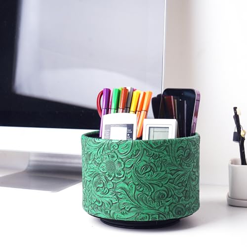 Round Leather Art Supply Organizer,Remote Control Holder,360 Degree Spinning,Multi-Functional Pencil Holder,4 Compartments Desktop Stationary Organizer(1-Carved Green) - color: 1-Carved Green