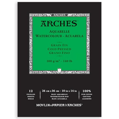 Arches Aquarelle Watercolor Paper Pad, Cold Pressed, 140lb/300gsm, 12 Sheet, 10x14 inch, 1 Count - size: 10"x14", style: Cold Press
