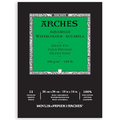 Arches Aquarelle Watercolor Paper Pad, Cold Pressed, 140lb/300gsm, 12 Sheet, 10x14 inch, 1 Count - size: 10"x14", style: Cold Press