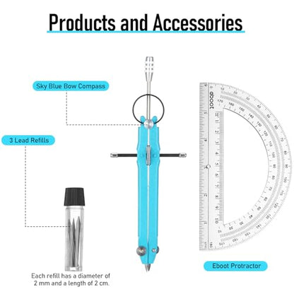 EBOOT Student Geometry Math Set, Metal Drawing Compass and 6 Inch Clear Swing Arm Protractors 180 Degree Math Protractor(Sky Blue) - color: Sky Blue