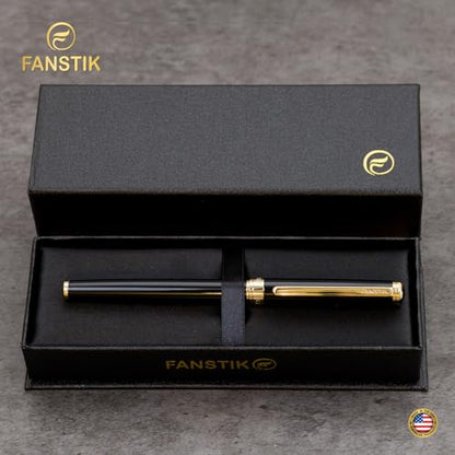 FANSTIK Black & Gold Luxury Rollerball pen, fancy gift set for women, Real 24K Gold Plating, Professional executive pen gift set for men (Lux Rollerball Black-Gold) - color: C RollerBall Black-Gold