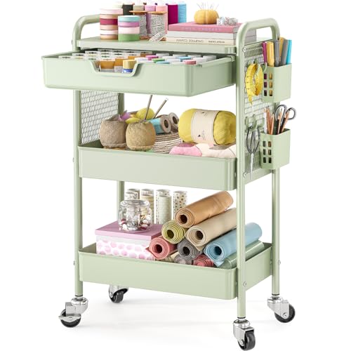 KINGBOARD 3 Tier Metal Rolling Cart with Drawer, Green Utility Storage Cart | 2 Cups & 4 Hooks, Lockable Wheels, Trolley Organizer for Bathroom, Kitchen, Office, Nursery, Dorm, Laundry, Craft Room - color: Green