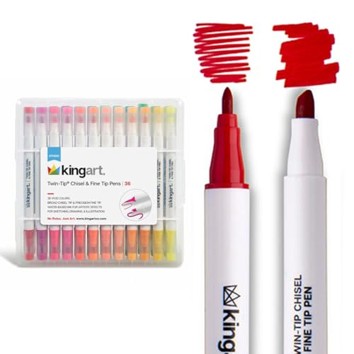KINGART 408-36 Twin-Tip Chisel & Fine Markers with Storage Case, Set of 36 | Perfect for Art, Sketching, Drawing, Painting, Coloring, Doodling, Illustration & Calligraphy