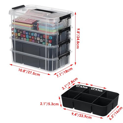 JUXYES 4-Tiers Plastic Stack Carry Storage Containers Box wih Handle Lids - color: Black