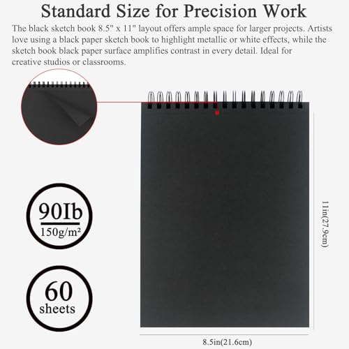 Fuxi Black Paper Notebook, 60 Sheets (90lb/150gsm) Spiral Sketchbook 8.5 x 11, Hardcover | Art Supplies for Adults, Perfect for Gel Pens. - color: Obsidian & Moss, size: 11" x 8.5" (Pack of 1)
