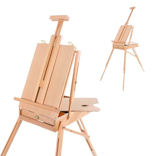Artkey Beechwood French Easel with Sketch Box & Storage Drawer, Portable Folding Tripod Field Easel for Plein Air Painting, Adjustable Height up to 71", Holds Canvas up to 34", Natural Wood