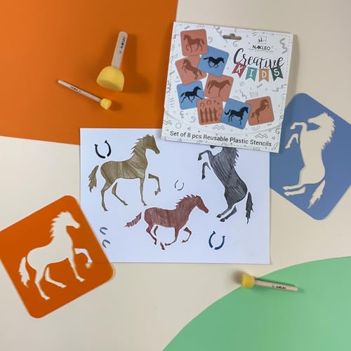 NAKLEO Painting Stencils for Kids, 8 Pcs Set 6x6” Horses, Children Creative Drawing Templates Plastic and Reusable, DIY Decoration Arts and Crafts, Paper Wall Wood Fabric - color: HORSES