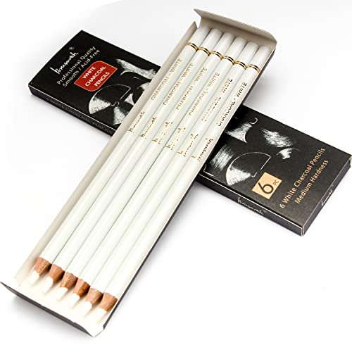 Brusarth White Charcoal Pencils Drawing Set, Professional 6-Piece Sketch, Highlight, Shading, Blending Set for Beginners & Artists - color: White