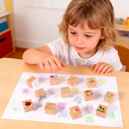 HOWAF 12pcs Spring Wooden Stamps, Hello Spring DIY Craft Rubber Stamps, Animal Daisy Flower Inking Stamp Pads Set, Butterfly Stamp Sunflower Inking Pads for Summer Party Supplies