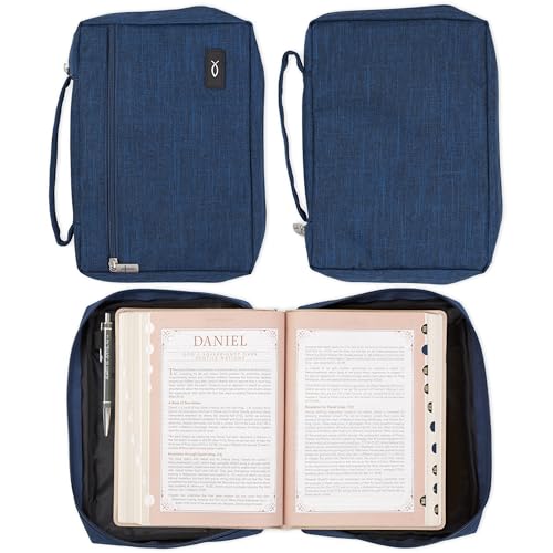 Christian Art Gifts Polyester Bible Cover for Men & Women w/Jesus Fish Patch, Zipper Pocket, Pen Loops, Easy Carry Book Case for Stationery, Accessories, Navy Blue, Medium - color: Navy Blue/Jesus Fish, size: Medium