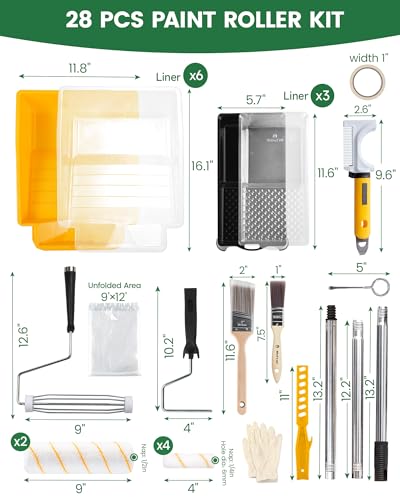 VOOMEY 28PCS Paint Roller Kit with Extension Pole, 9" & 4" Rollers Set - style: 28pcs 9inch paint roller kit