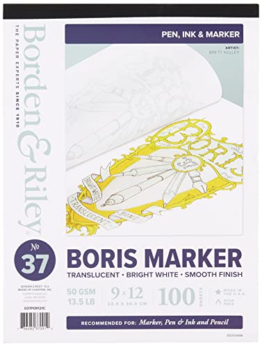 Borden & Riley 9" x 12" #37 Boris Marker Layout Bright White Translucent Bond Paper Pad, 50 GSM/13.5 LB, 100 Sheets, 1 Pad Each (037P09121C)