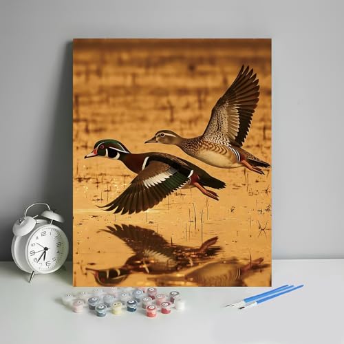 HULDFRDA Adult Paint by Number Kits on Canvas, DIY Painting by Numbers Kits, Wood Duck Flying Over the Lake at Dusk Paint by Numbers Kit Canvas Art Home Decor, 16 x20 Inch - color: Color-5