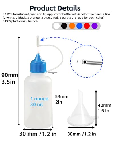 LJY 30 Precision Tip Bottles, 1 oz, 6 Colors, with 5 Funnels for Craft Glue