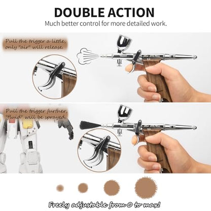 Bucasso Airbrush Kit, Air Brush Spray Gun with 0.3mm/0.5mm/0.8mm Needles/Nozzle Sets, 3cc/7cc/11cc Replaceable Fluid Cup for Painting Model Nails Cake Tattoo Makeup - color: W002-Walnut