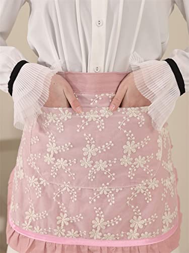 Unisex Chef Aprons White Retro Cotton Maid Short 2 Pockets Waist Waiter Waitress Half Apron - color: Pink-embroidered