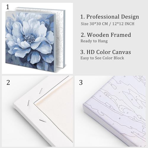 Natuyalo Framed Paint by Numbers Kit for Adults - Blue Flower DIY Adult Paint by Number Kits Flowers Acrylic Canvas Painting for Adults Beginners Art Crafts with Frame, 12x12 Inch - color: Color-03