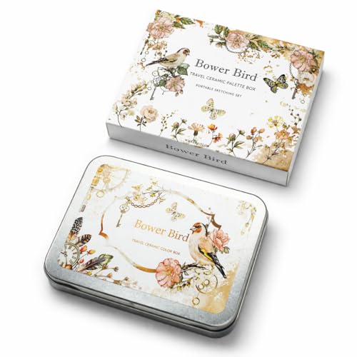 Bower Bird Travel Watercolor Palette,Portable Ceramic Palette 6 Well,Empty Paint Palette,Small Travel Metal Paint Boxwith Porcelain Palette (6Well)