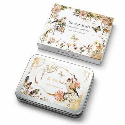 Bower Bird Travel Watercolor Palette,Portable Ceramic Palette 6 Well,Empty Paint Palette,Small Travel Metal Paint Boxwith Porcelain Palette (6Well)