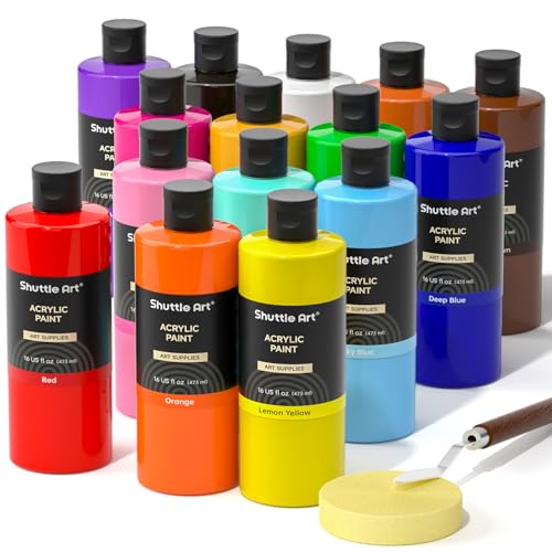 Shuttle Art Acrylic Paint, 15 Colors Acrylic Paint Large Bottle Set, 473ml/16oz Each, Rich Pigments, High Viscosity, Bulk for Artists, Beginners and Kids on Rocks Crafts Canvas Wood - color: 15 Colors, size: 16 Fl Oz (Pack of 15)