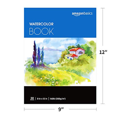 Amazon Basics Watercolor Pad for Beginners, Artists, Adults and Students, Cold Press Textured Surface, 9"x12", 140 lb / 300 gsm, 30 Sheets, White