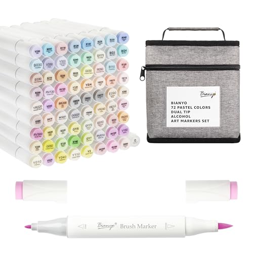 Bianyo 72 Pastel Colors Alcohol Markers Set, Dual Tip Brush & Fine Alcohol-Based Art Markers for Artists, Adults, Comics, Coloring, Drawing, Sketching, Illustration with Storage Bag - color: 72 Pastel Colors - Brush & Fine