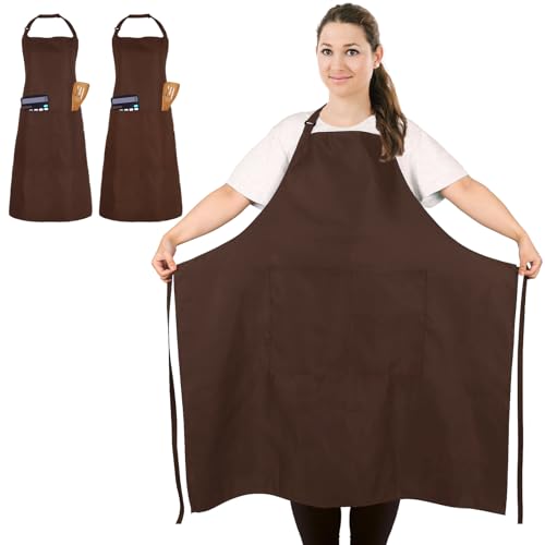 2 Pack Plus Size Waterproof Cooking Chef Apron with 2 Pockets for Men Women | Extra Large Design, Adjustable Neck Straps, Long Waist Ties, Professional Bib Aprons for Kitchen, Grilling, Gardening, Baking - color: Coffee