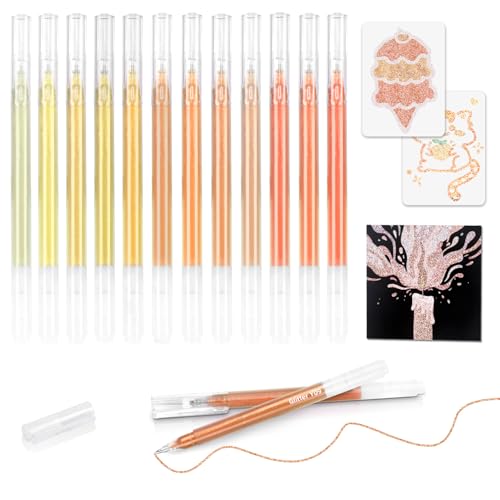12 Yellow Glitter Gel Pens Set, 1.0 mm Fine Point for Black Paper & White Paper, Large Capacity Pens for Journaling, Adult Coloring Books, Drawing, Note Taking, Highlighting - color: yellow