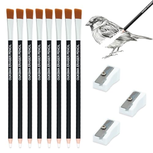 Eraser Pencil Set with Brush and Sharpener, Precision Detail Erasers for Sketching, Drawing, Highlights, Texture Shaping, Art Supplies (8 Eraser Pencils + 3 Sharpeners) - style: 8 Eraser Pencils + 3 Sharpeners