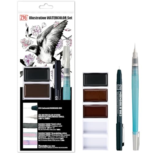 Kuretake Zig illustration watercolor Set, 3 Gansai Tambi, Fineliner and Waterbrush pen, for Inktober, Manga, Drawing, Calligraphy, Professional, Artist, Made in Japan (IKTB-25/7V) - style: Special 25(7pcs.)