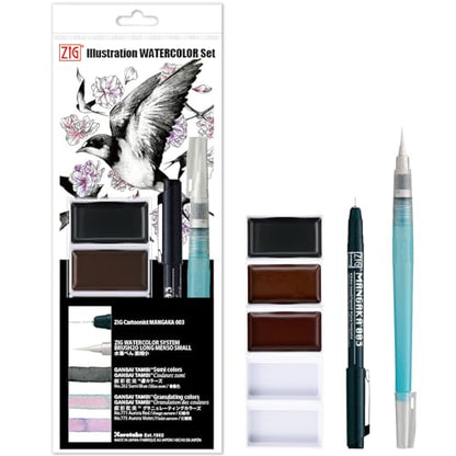Kuretake Zig illustration watercolor Set, 3 Gansai Tambi, Fineliner and Waterbrush pen, for Inktober, Manga, Drawing, Calligraphy, Professional, Artist, Made in Japan (IKTB-25/7V) - style: Special 25(7pcs.)