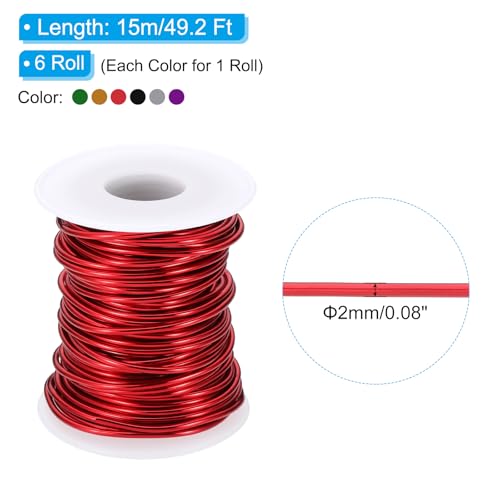 PATIKIL 12 Gauge 2 mm Aluminum Craft Wire, 49.2 Ft Metal Wire 6 Roll Armature Bendable Wire for Jewelry Making Metal Wrap DIY, Purple/Silver/Black/Green/Red/Gold - color: Purple/Silver/Black/Green/Red/Gold, size: 12 Gauge