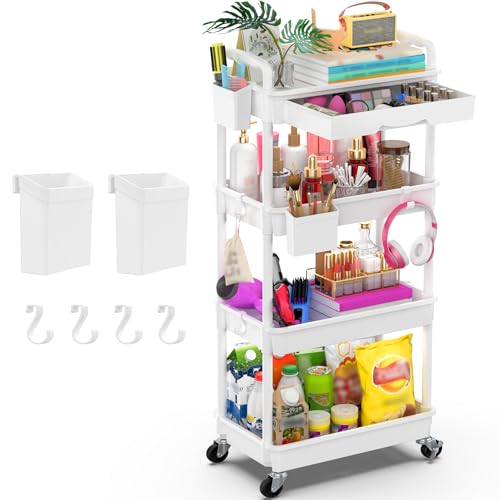 Goovilla 4 Tier Rolling Utility Cart Organizer with Removable Drawer, White | Stable and Sturdy Rolling Storage Carts with 2 Lockable Wheels for Bathroom, Kitchen, Snack, Craft, Makeup, Baby Essentials - size: 4 Tier, style: White