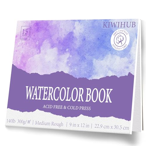 KIWIHUB Watercolor Paper Pad, 9 x 12 in, 100% Cotton, 140lb | Medium Rough Artist Painting Drawing Paper Book, Art Supplies for Adults Kids, Watercolors