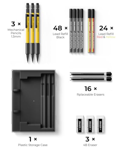 Four Candies 3PCS 1.3mm Metal Mechanical Pencil Set with Case (Yellow) | 72 Refills (Red,Black,Yellow), 3 Erasers, 16 Eraser Refills, Weatherproof Body for Construction Outdoor Woodworking Marking - size: 3-Pack, style: Yellow