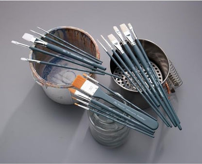 Winsor & Newton Foundation Acrylic Brush Set, LH, 6 Pack | White, Synthetic, Ideal for Use with Acrylic Paint, Introductory Selection of Brushes for Students, Hobbyists, Beginners - size: Round 3 & 6, Filbert 3 & 6, Flat 10 & 14, style: Long Handle